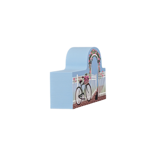 3/4" thick wooden illustration of a bicycle, flowers, and a cat in front of a white picket fence and floral archway.