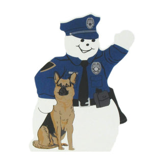 3/4" thick wooden replica with an Illustration of a snowman figure wearing a blue police uniform and hat, with a black tie, badge, and utility belt, standing next to a seated tan and black German Shepherd dog on a plain white background.