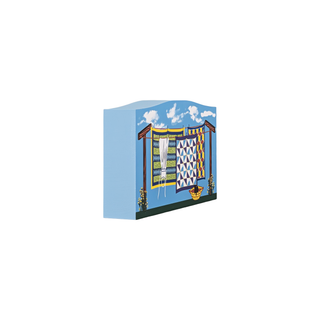 3/4" thick wooden illustration of a clothesline with quilts