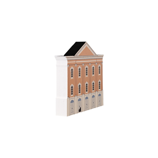 3/4" thick wooden illustration of a model of a brick building with beige trim on a white background