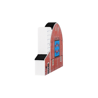 3/4" thick wooden illustration of a red barn with a quilt block on a white background