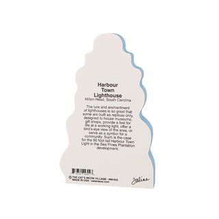 Back of a 3/4" thick wooden lighthouse-shaped with text about Harbour Town Lighthouse on Hilton Head, South Carolina.