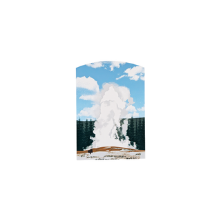 3/4" wooden replica with an illustration of a Geyser erupting with trees and blue sky in the background