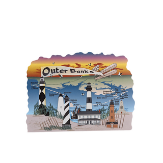 3/4" wooden replica with an illustration of the outer banks map with lighthouses 