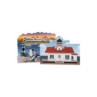 2 3/4" wooden replica with an illustration lighthouses on a white background