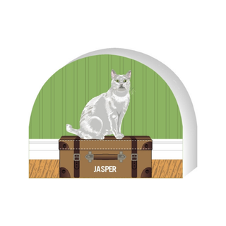 Wooden replica of a  Cat on a suitcase with 'Jasper' nameplate against a green wall and wooden floor background