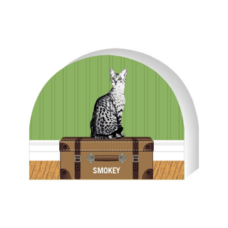 Wooden replica of a  Cat named Smokey sitting on a suitcase with a green wall background