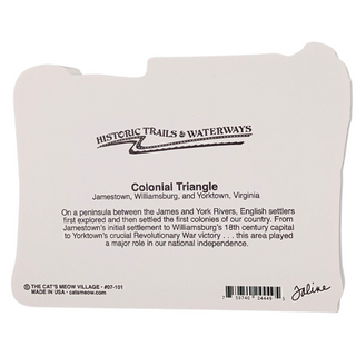 back of Product with text about the Colonial Triangle in Virginia on a white background