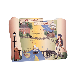 3/4" thick wooden Map of Colonial Triangle with illustrations of historical figures and landmarks on a white background