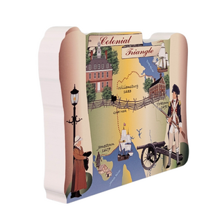 3/4" thick wooden Map of Colonial Triangle with illustrations of historical figures and landmarks on a white background