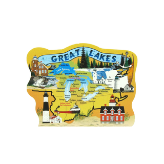 3/4" thick wooden Map of the Great Lakes with various landmarks and cities labeled.