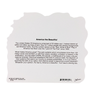 back of a wooden USA map. The white shape contains the headline 'America the Beautiful' and several paragraphs of black text.