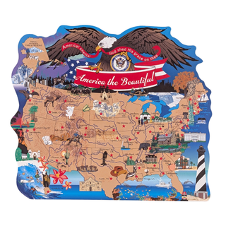 wooden map of the USA with an eagle and banner that says America the Beautiful
