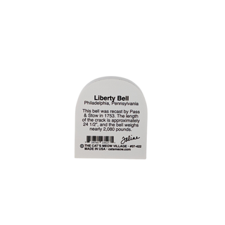 3/4" thick wooden cutout of a Liberty Bell replica with text and branding on a white background
