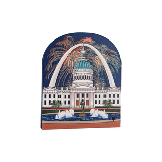 3/4" thick wooden Decorative plaque with a design of a building, arch, and fireworks on a white background