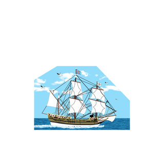 3/4" thick wooden cutout of a Sailing ship on a blue ocean with a white sky