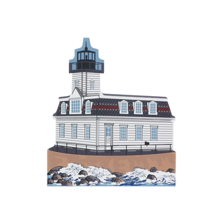 3/4" thick wooden replica with an Illustration of a lighthouse design on a white background