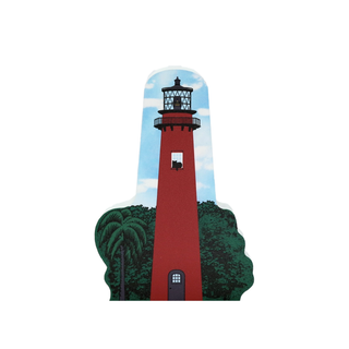 3/4" thick wooden Red lighthouse with green trees and blue sky