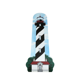 3/4" thick wooden Decorative replica of a lighthouse with black and white stripes against a blue sky.