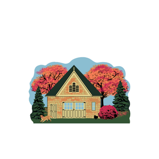 3/4" thick wooden Illustration of a house with autumn trees and a dog in front
