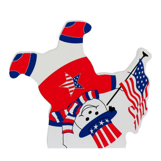 3/4" thick wooden replica with an Illustration of a patriotic snowman figure wearing a red, white, and blue hockey jersey, scarf, and hat, while holding a small American flag. The design is shown on a plain white background.