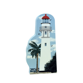 3/4" thick wooden replica with an Illustration of a lighthouse design on a white background
