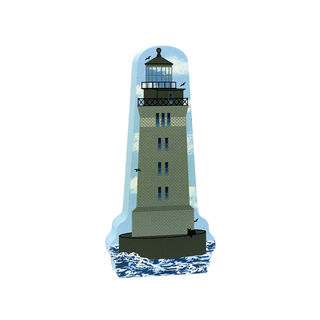 3/4" thick wooden replica with an Illustration of a lighthouse design on a white background