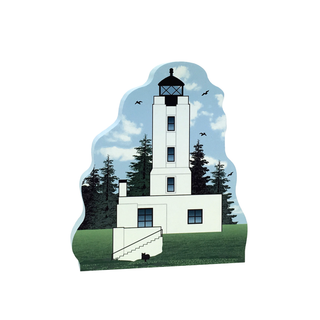 3/4" thick wooden replica with an Illustration of a lighthouse design on a white background