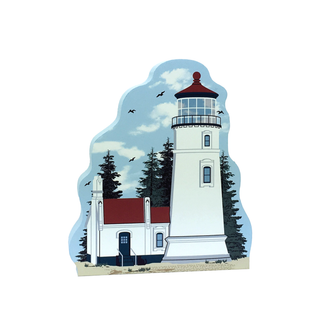 3/4" thick wooden replica with an Illustration of a lighthouse design on a white background