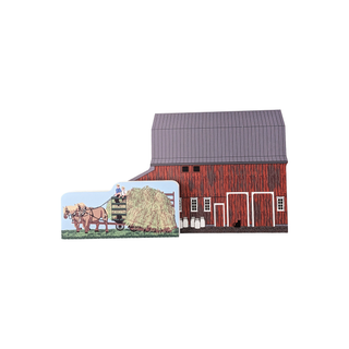 3/4" thick wood model of two horses and two men pulling hay, as well as a red barn.