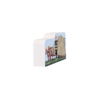 3/4" thick wood model of two horses and two men pulling hay. 