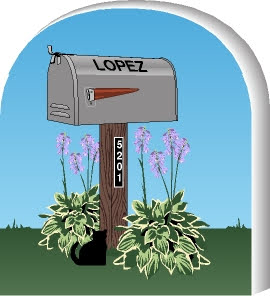 Wooden 3/4" Replica Mailbox with 'LOPEZ' on it surrounded by plants against a blue sky