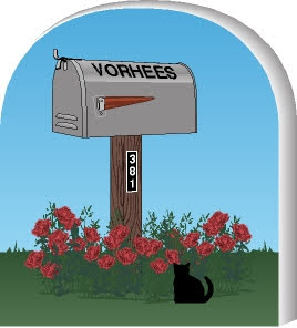 Wooden 3/4" Replica Mailbox with 'Vorhees' on it, surrounded by red roses and a black cat on a green lawn.