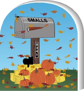 Wooden 3/4" Replica  of a mailbox with 'SMALLS' on it, surrounded by pumpkins and autumn leaves.