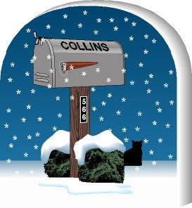 Wooden 3/4" Replica Mailbox with 'Collins' on a snowy background
