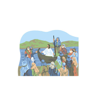 3/4" thick wooden replica with an Illustration of  a religious scene with people around a boat on water.