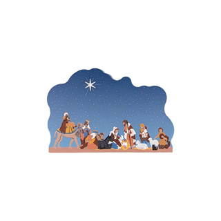 3/4" thick wooden illustration of a nativity scene on a white background