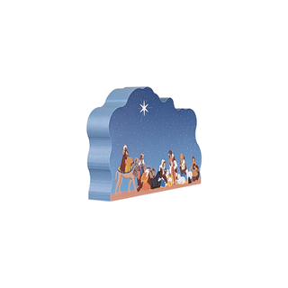 3/4" thick wooden illustration of a nativity scene on a white background