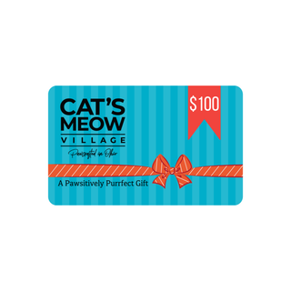 Cat's Meow Village gift card with a blue striped design and red ribbon on a white background