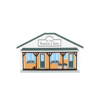 3/4" thick wooden illustration of Mt. Hope Harness & Shoe building on white background