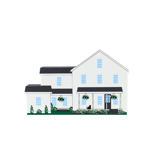 3/4" wooden replica with an Illustration of a white house with black roof and decorative elements on a white background
