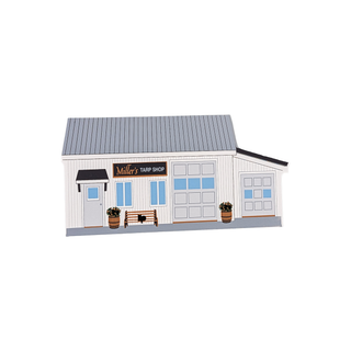3/4" thick wooden illustration of Miller's Tarp Shop in Amish Country, Ohio on white background