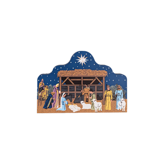 3/4" thick wooden illustration of a nativity scene on a white background