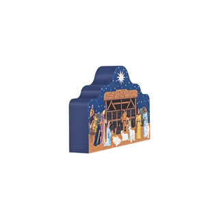 3/4" thick wooden illustration of a nativity scene on a white background