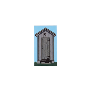 3/4" thick wooden figurine  of a wooden outhouse with a blue sky background