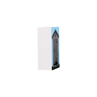 3/4" thick wooden figurine with a small wooden outhouse illustration on a white background