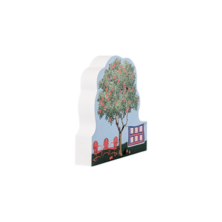 3/4" thick wooden illustration of a tree, chairs, and quilt