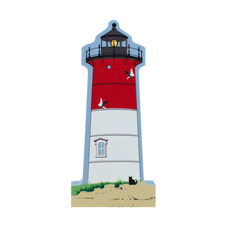 wooden replica with an Illustration of a lighthouse with a red and white stripes with seagulls in front
