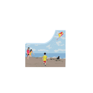 wooden replica with an Illustration of a child flying a kite with two people watching on a beach.