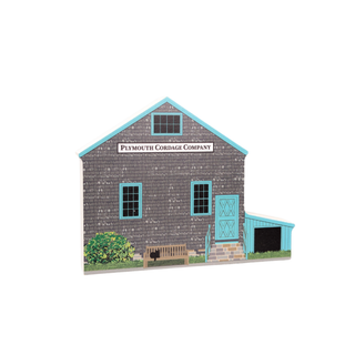 3/4" thick wooden Model of a Plymouth Cordage Company building with gray facade and blue accents.